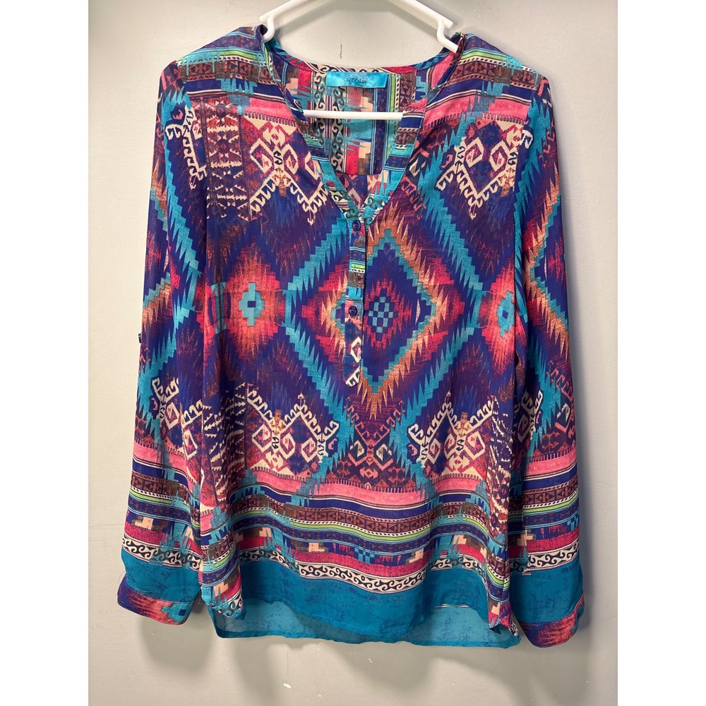 Boutique Purple Teal Southwestern Aztec Geometric Roll Tab Blouse Medium